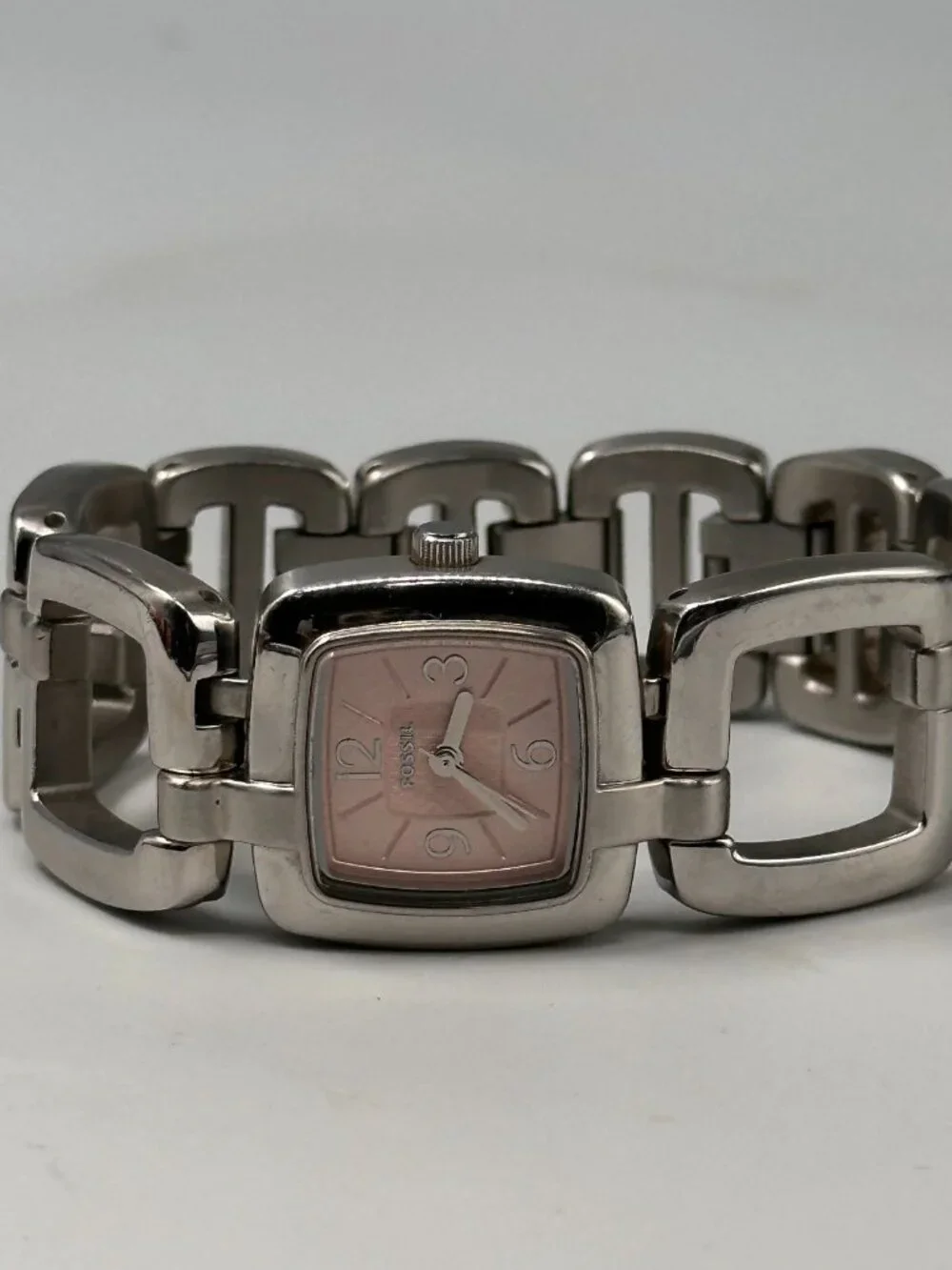 Fossil Watch Womens Pink Dial Stainless Steel Square 24MM New Battery 6.75